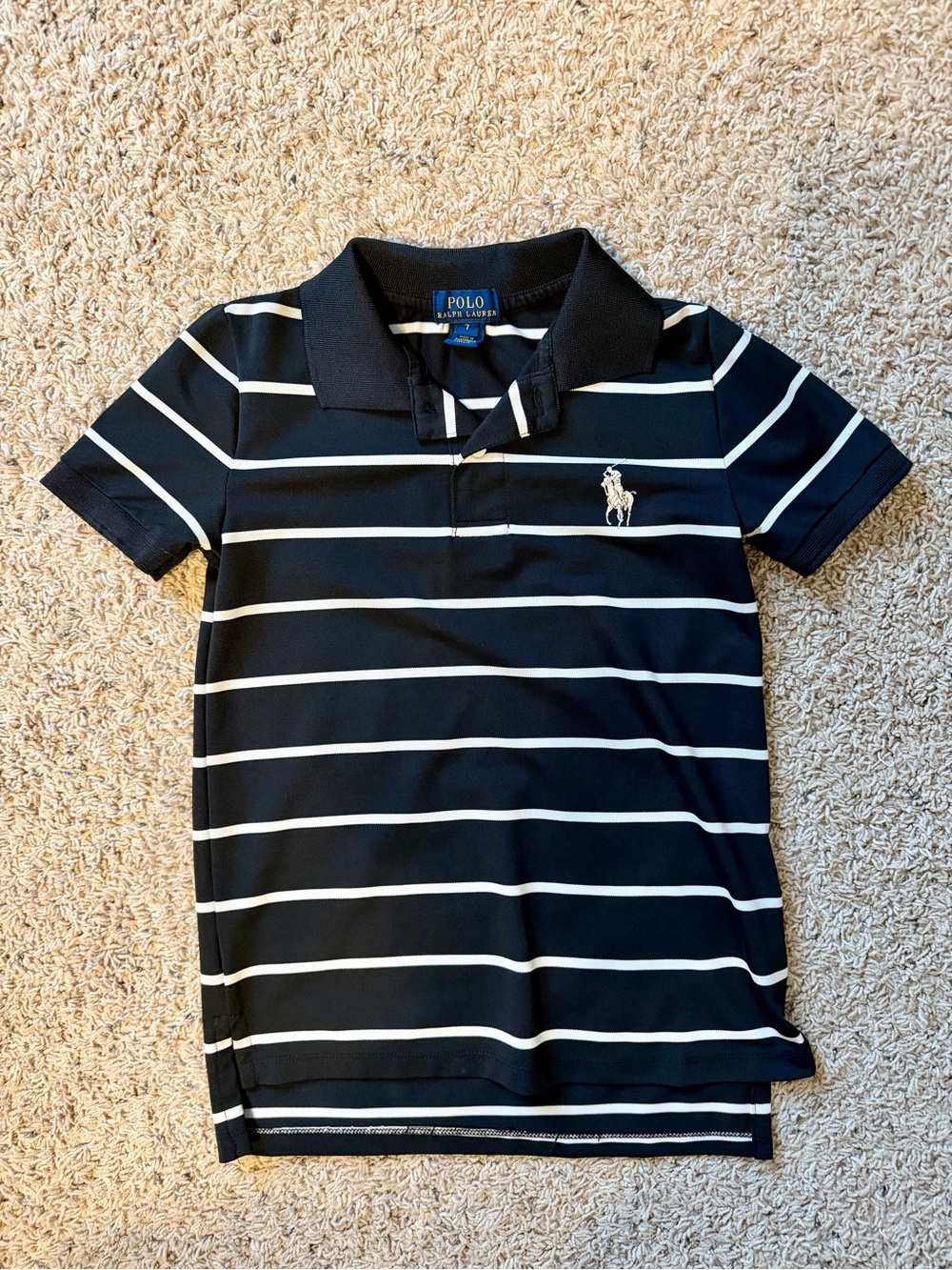 Polo by Ralph Lauren Boys' Black & White Striped Polo Shirt. Size 7